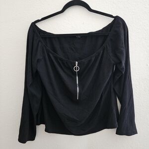 SHEIN Black Ribbed Long Sleeve Top with Zipper